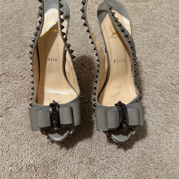 Christian Louboutin Gray Studded Bow Slingback Heels - Picture 2 of 7